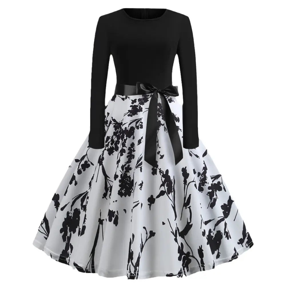 Women Retro Print Long Sleeve Slim Dress