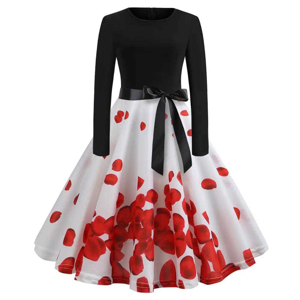 Women Retro Print Long Sleeve Slim Dress