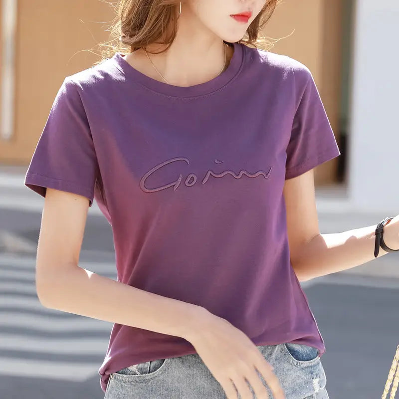 Women Green Embroidered Loose T-Shirt Summer Korean Style