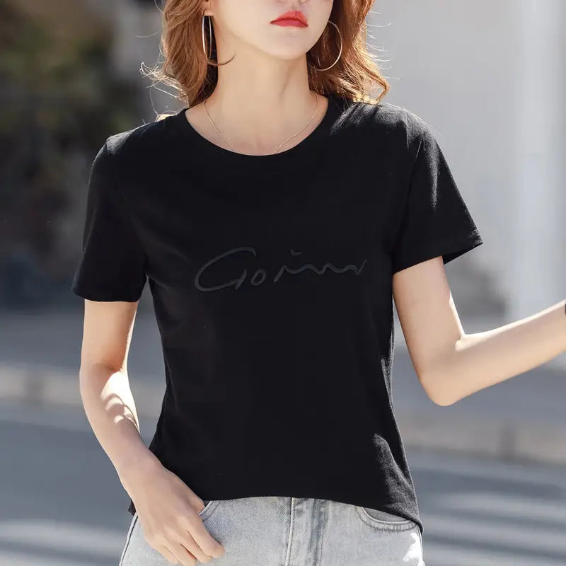 Women Green Embroidered Loose T-Shirt Summer Korean Style