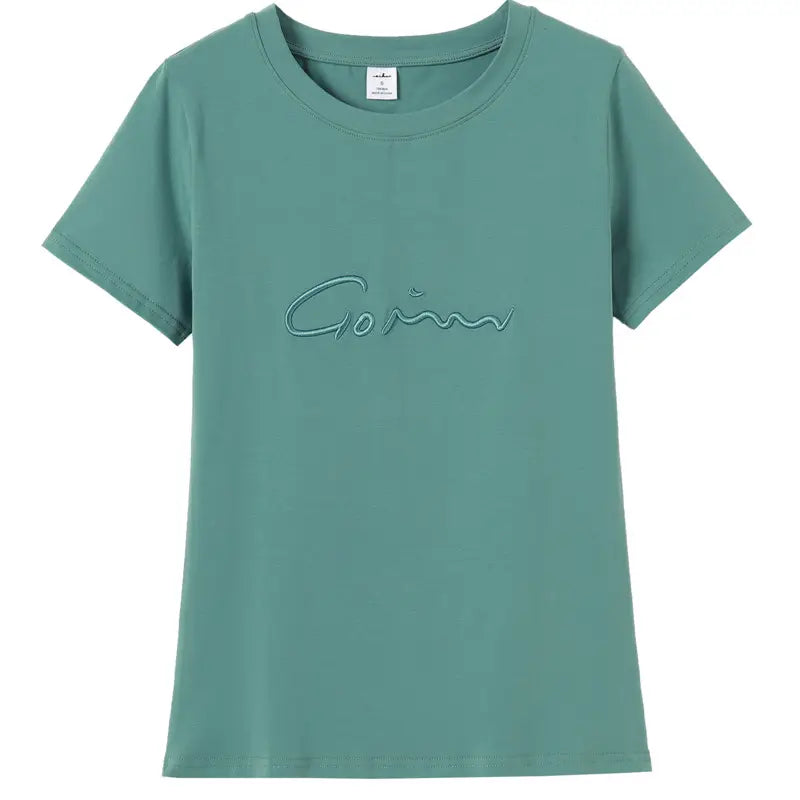 Women Green Embroidered Loose T-Shirt Summer Korean Style
