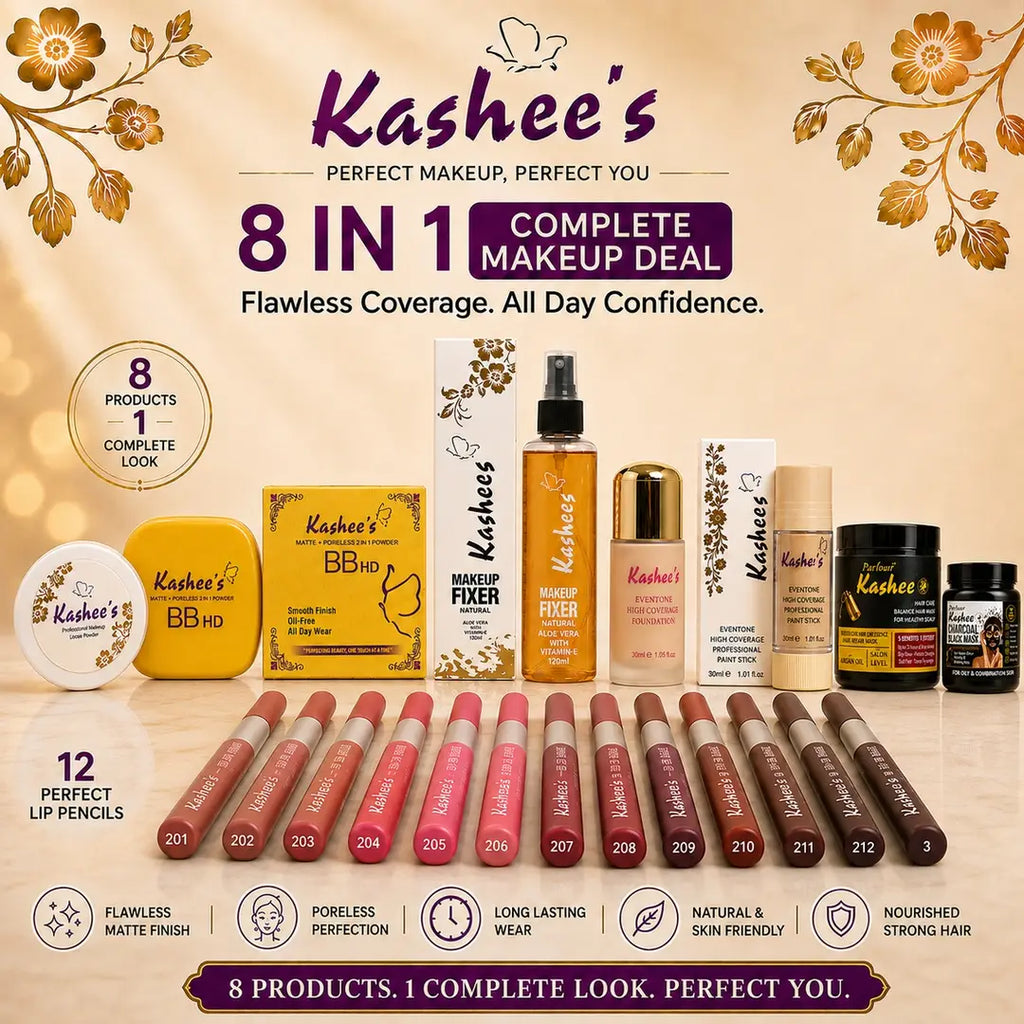 Kashee's All In 1 Foundation, Fixer, Face Powder, Loose Powder, Paint Stick, 12 Pcs Lip Pencil Set, Hair Mask And Face Mask Deal, Pack Of 8