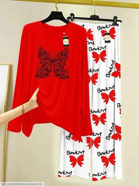 Red Butterfly Print 2-Piece Night Suit for Women
