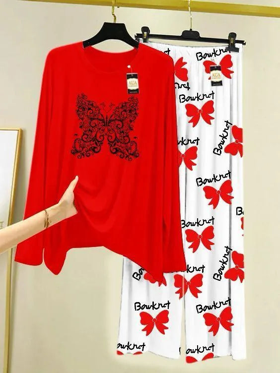 Red Butterfly Print 2-Piece Night Suit for Women
