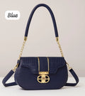 Blue Leather Shoulder Bag for Girls with Gold Hardware