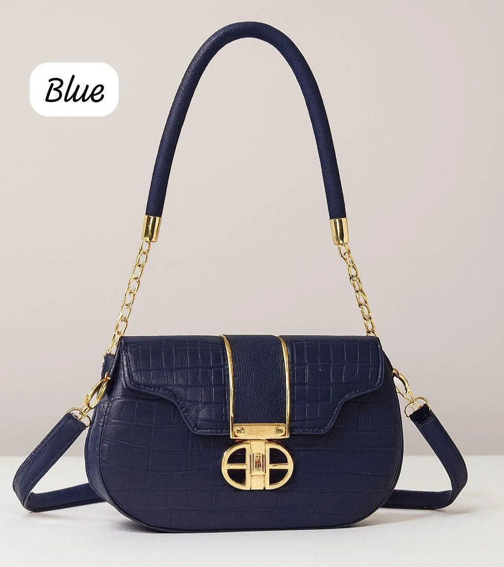Blue Leather Shoulder Bag for Girls with Gold Hardware