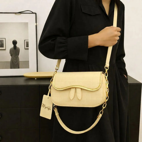 Beige Leather Shoulder Bag with Chain Strap for Girls