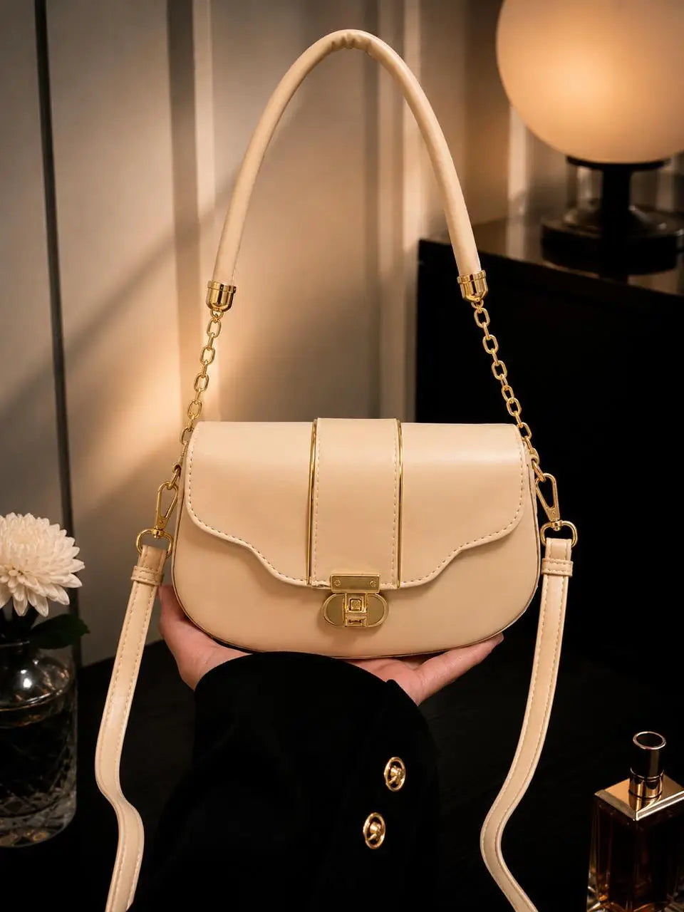 Women's Leather Plain Shoulder Bag - Beige