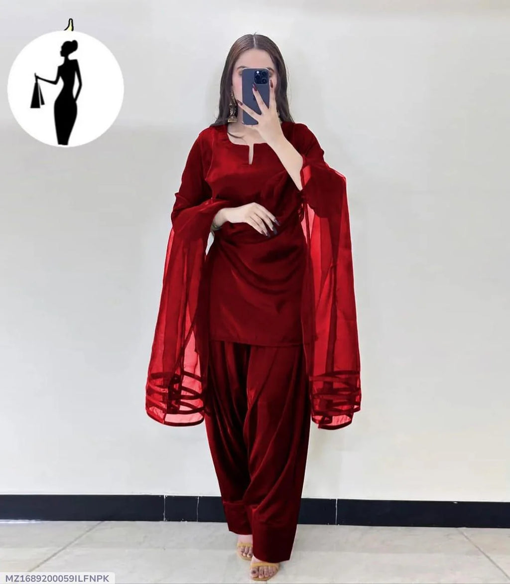 Maroon Shamoz Silk 3Pcs Women Suit With Organza Dupatta