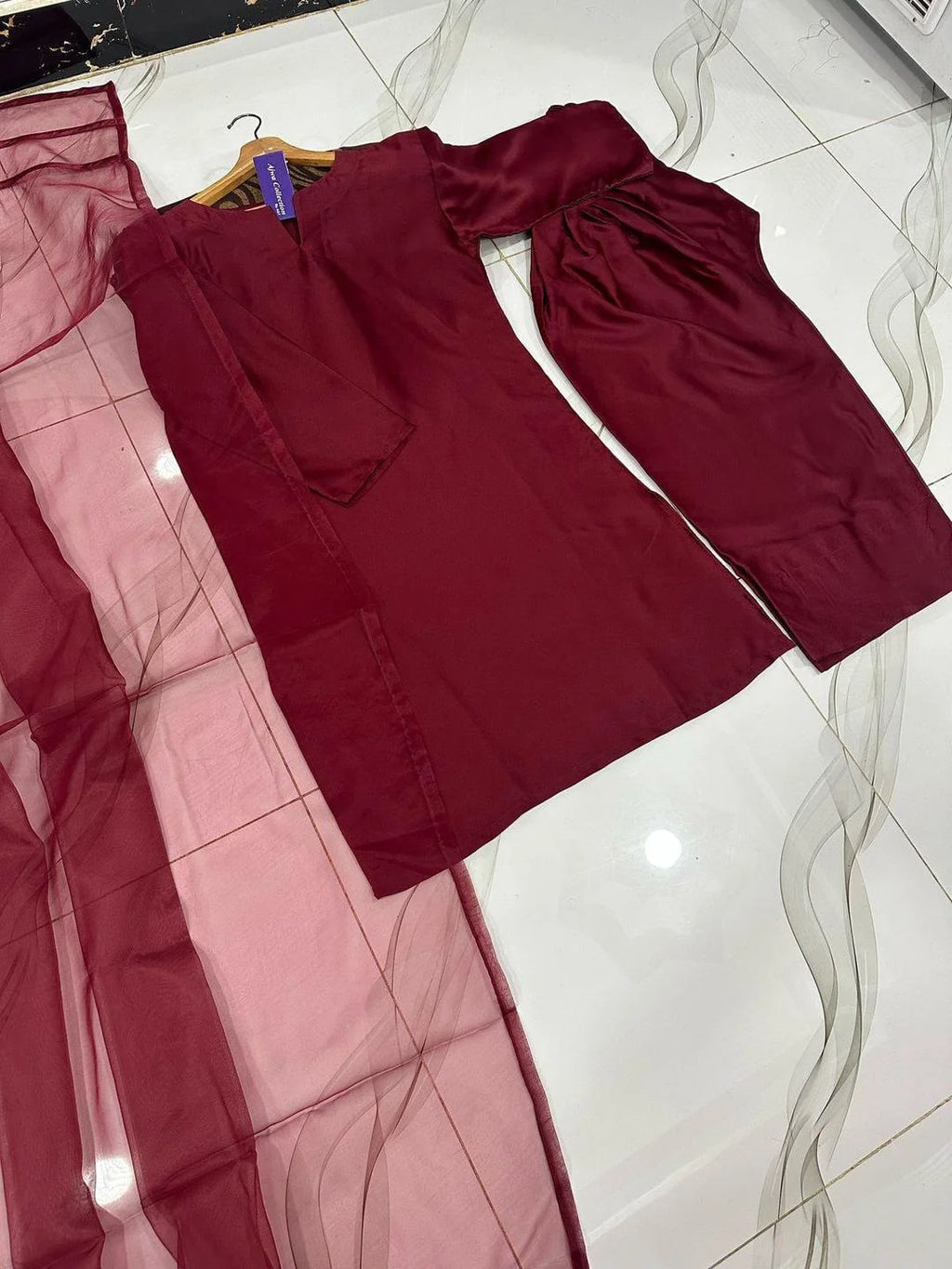 Maroon Shamoz Silk 3Pcs Women Suit With Organza Dupatta