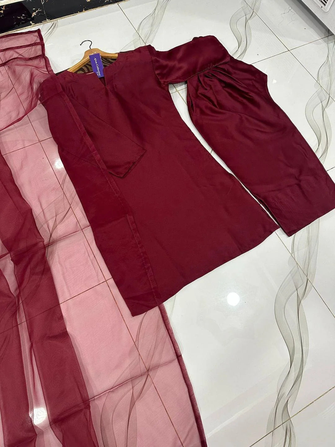 Maroon Shamoz Silk 3Pcs Women Suit With Organza Dupatta