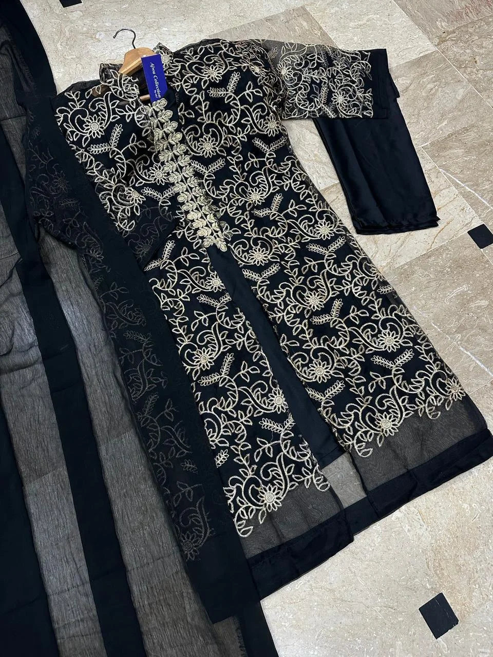 Black Embroidered 4-Piece Shamoz Silk Gown Suit Set