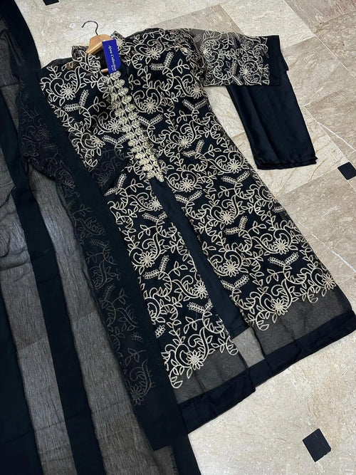 Black Embroidered 4-Piece Shamoz Silk Gown Suit Set