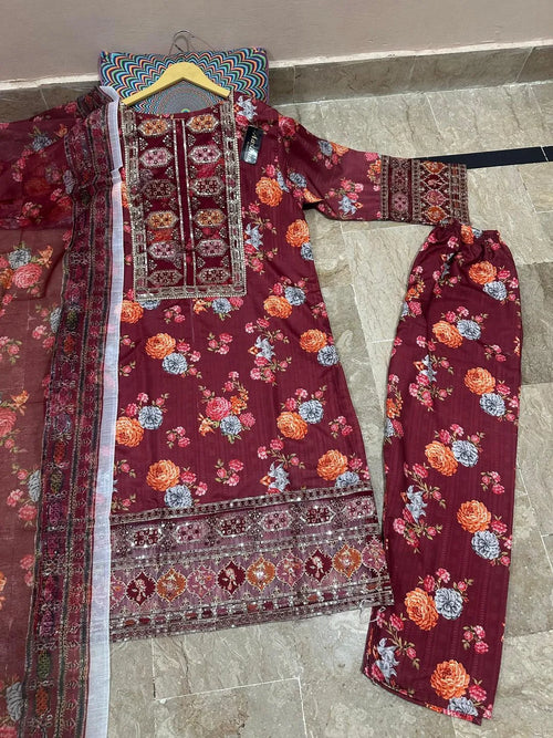 Blue Floral Sequin Embroidered 3-Piece Suit for Women