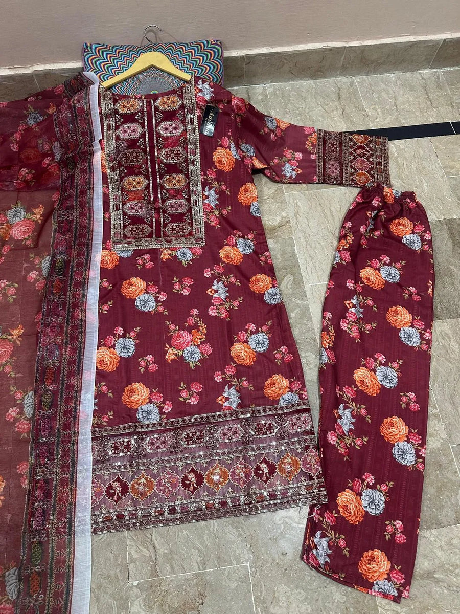 Blue Floral Sequin Embroidered 3-Piece Suit for Women