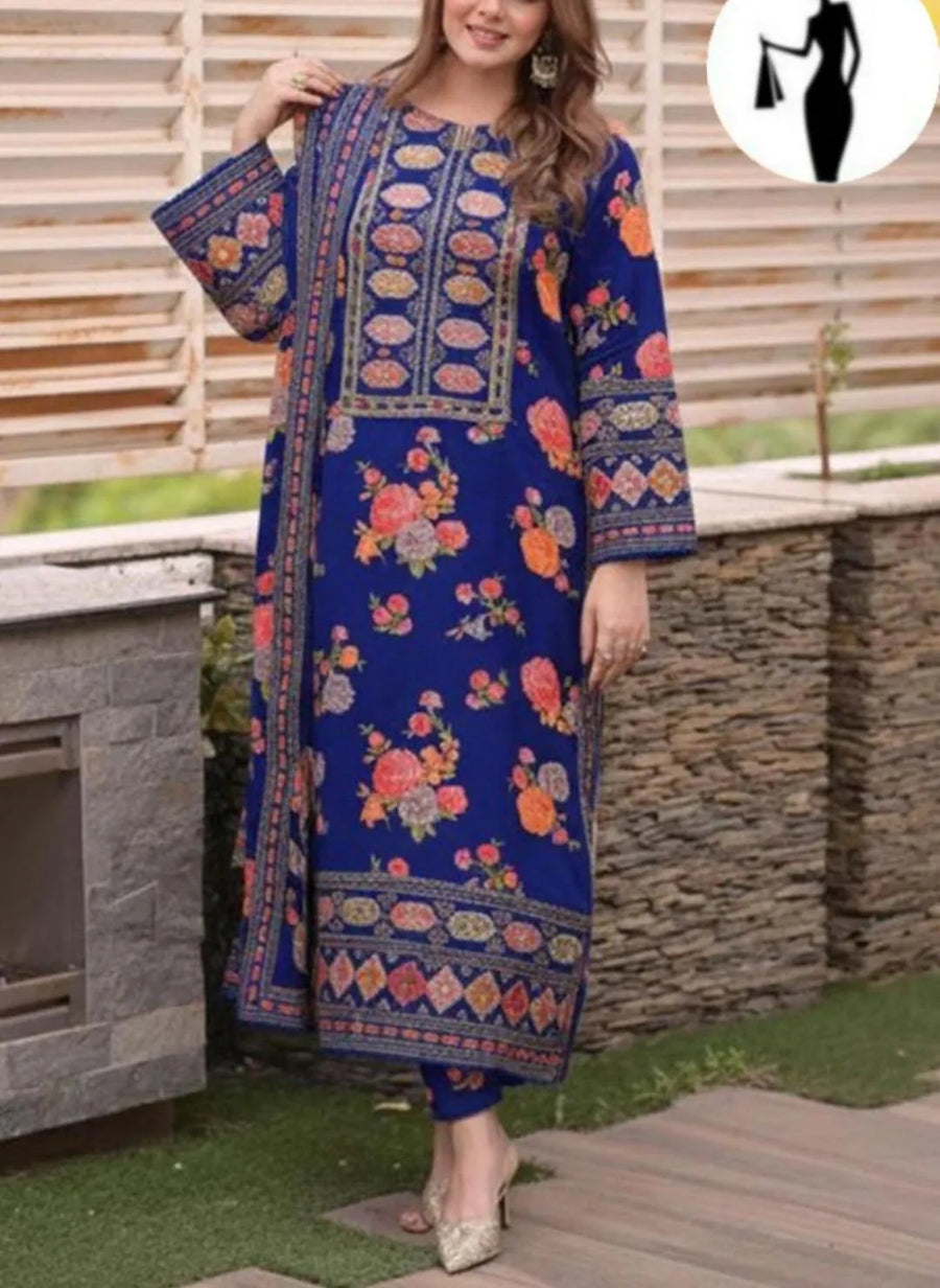 Blue Floral Sequin Embroidered 3-Piece Suit for Women