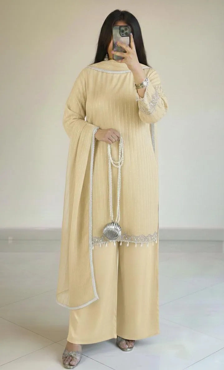 Full Heavy Stone Work Suit Cream Yellow 3 Piece