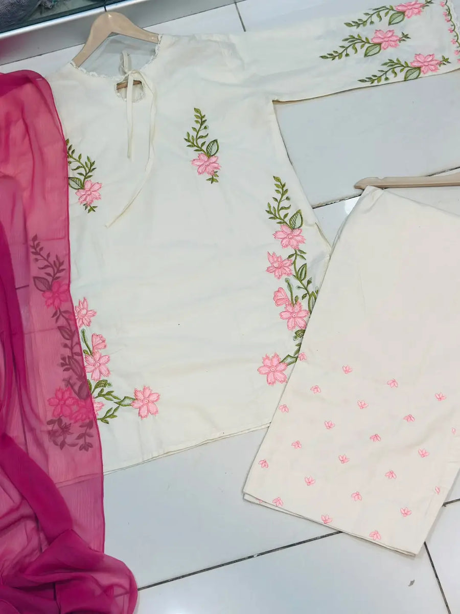 3 Pcs Women's Stitched Cotton Embroidered Suit
