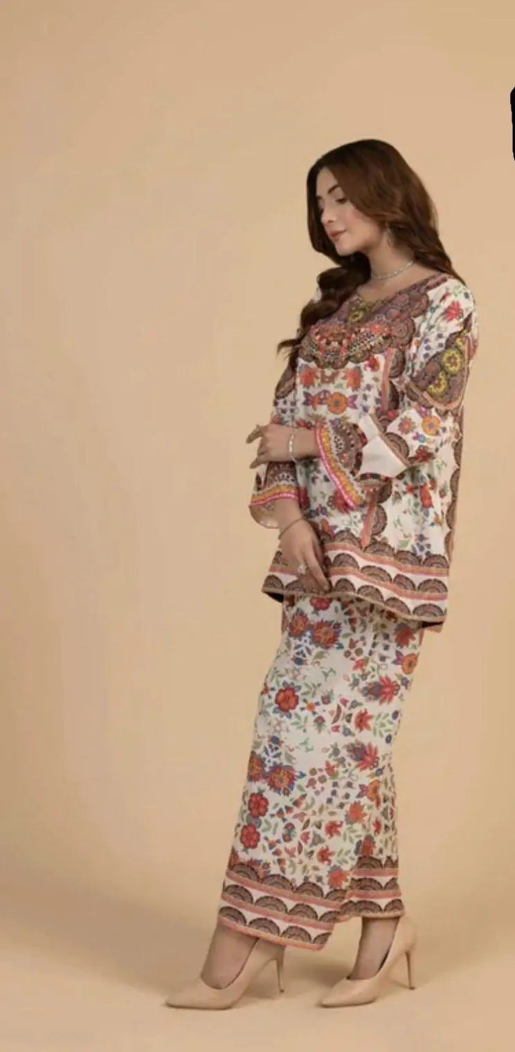 2 Pcs Women's Stitched Swiss Lawn Printed Co-Ord Set