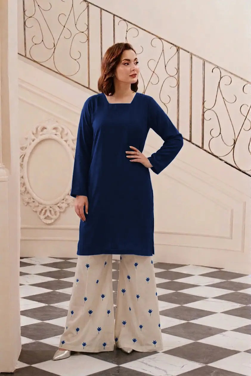 2 Pcs Women's Stitched Linen Embroidered Shirt And Trouser - Blue
