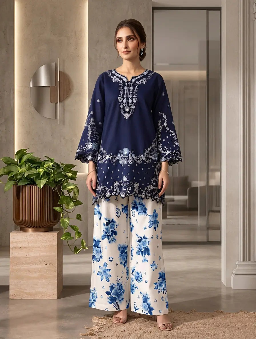 2 Pcs Women's Stitched Cotton Embroidered Shirt And Trouser - Design 3