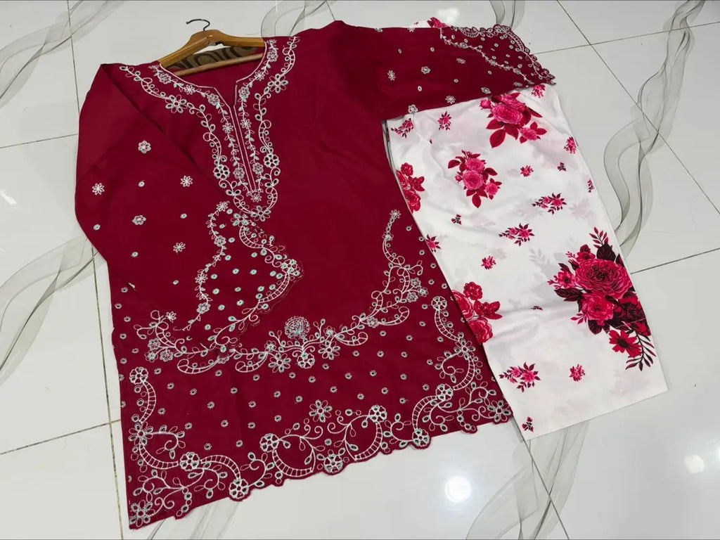 2 Pcs Women's Stitched Cotton Embroidered Shirt And Trouser - Design 3