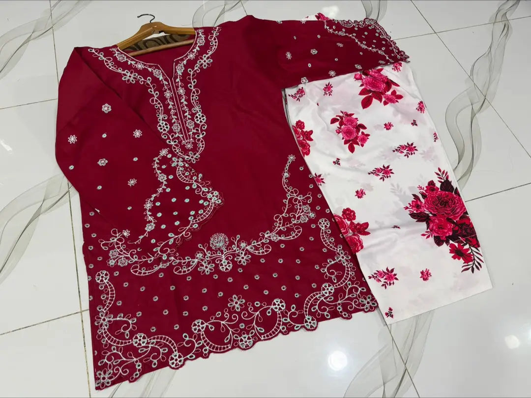 2 Pcs Women's Stitched Cotton Embroidered Shirt And Trouser - Design 3