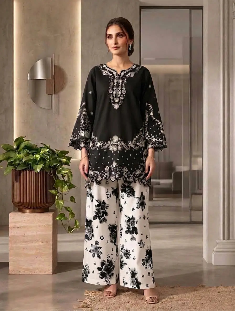 2 Pcs Women's Stitched Cotton Embroidered Shirt And Trouser - Design 3