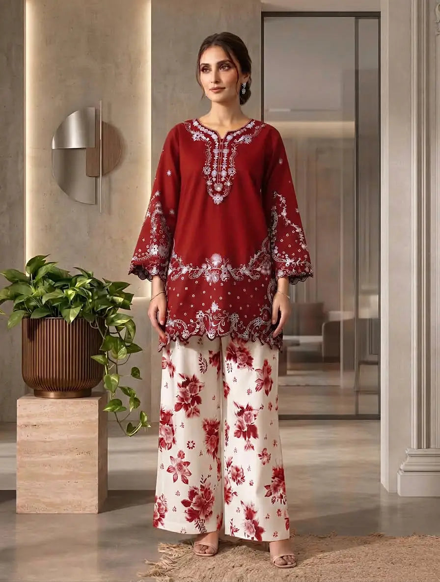 2 Pcs Women's Stitched Cotton Embroidered Shirt And Trouser - Design 3