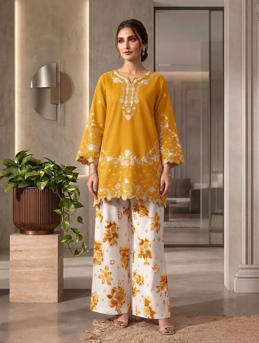 2 Pcs Women's Stitched Cotton Embroidered Shirt And Trouser - Design 3