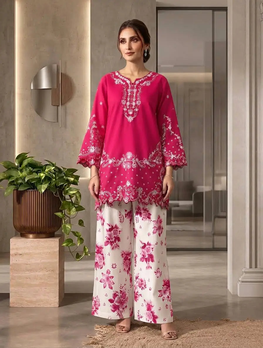 2 Pcs Women's Stitched Cotton Embroidered Shirt And Trouser - Design 3
