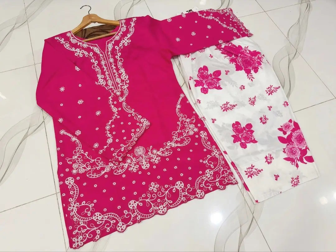 2 Pcs Women's Stitched Cotton Embroidered Shirt And Trouser - Design 3