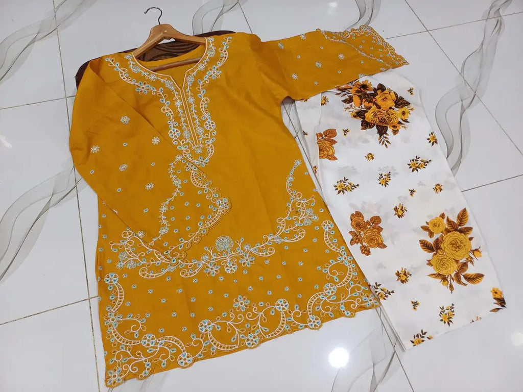 2 Pcs Women's Stitched Cotton Embroidered Shirt And Trouser - Design 3