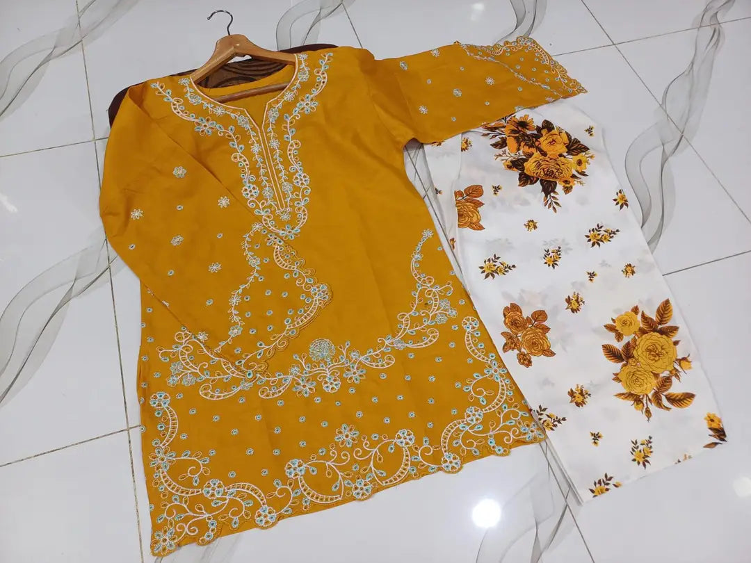 2 Pcs Women's Stitched Cotton Embroidered Shirt And Trouser - Design 3