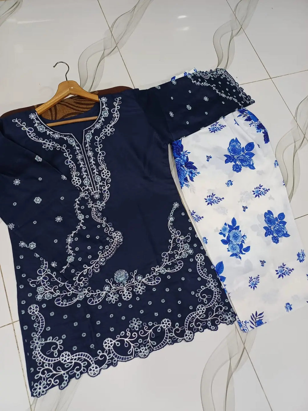 2 Pcs Women's Stitched Cotton Embroidered Shirt And Trouser - Design 3