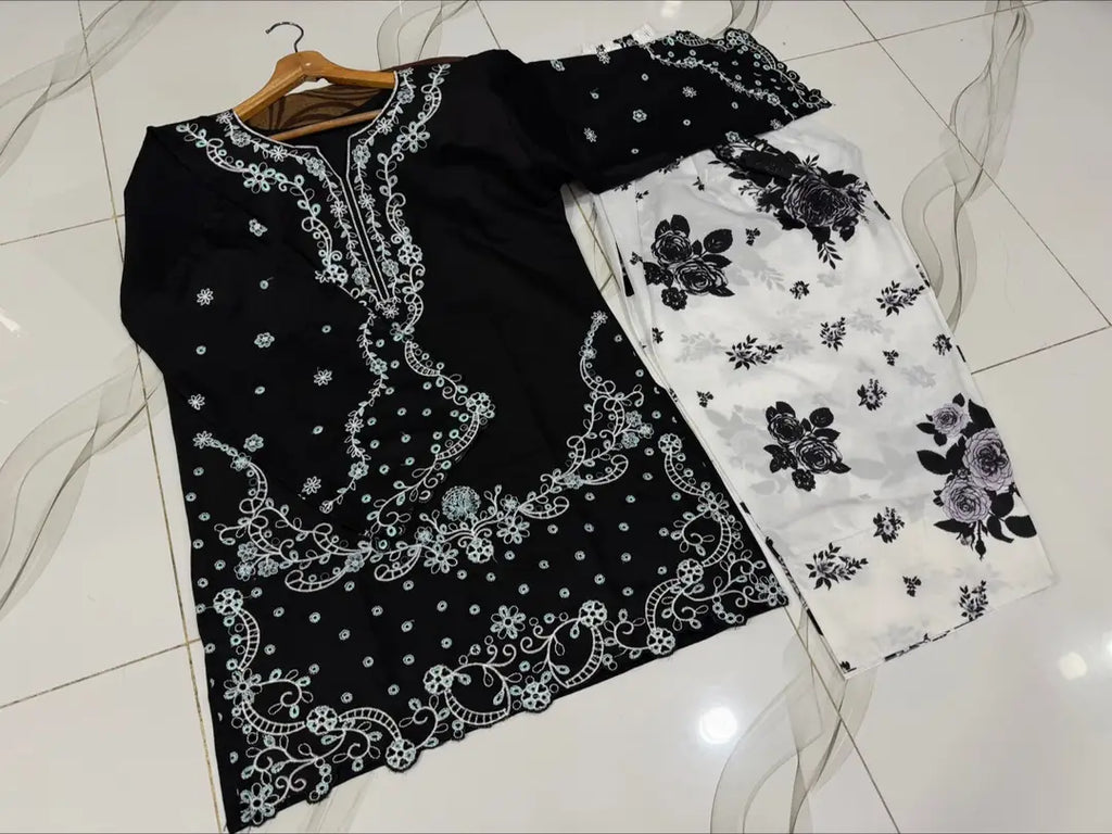 2 Pcs Women's Stitched Cotton Embroidered Shirt And Trouser - Design 3