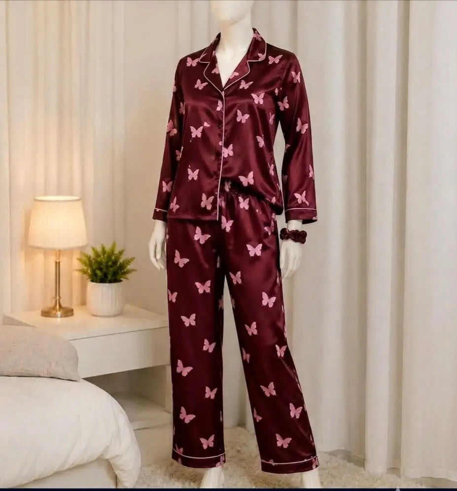 2 Pcs Women's Stitched Silk Printed Night Suit