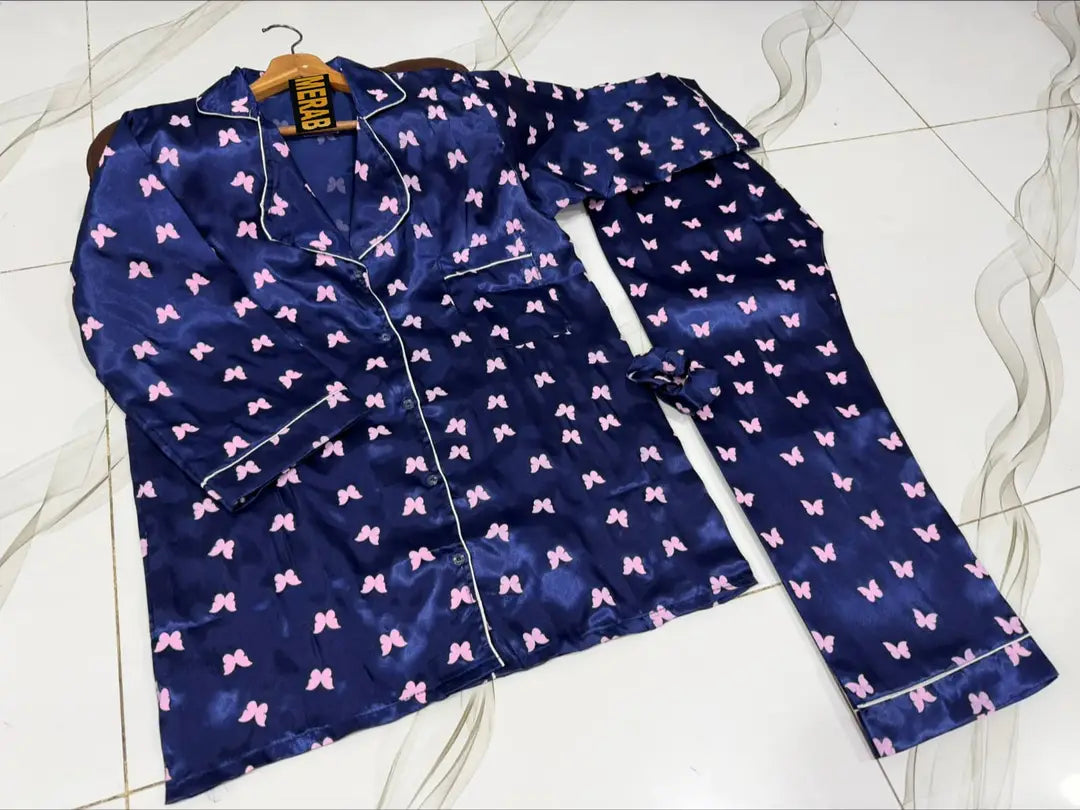 2 Pcs Women's Stitched Silk Printed Night Suit