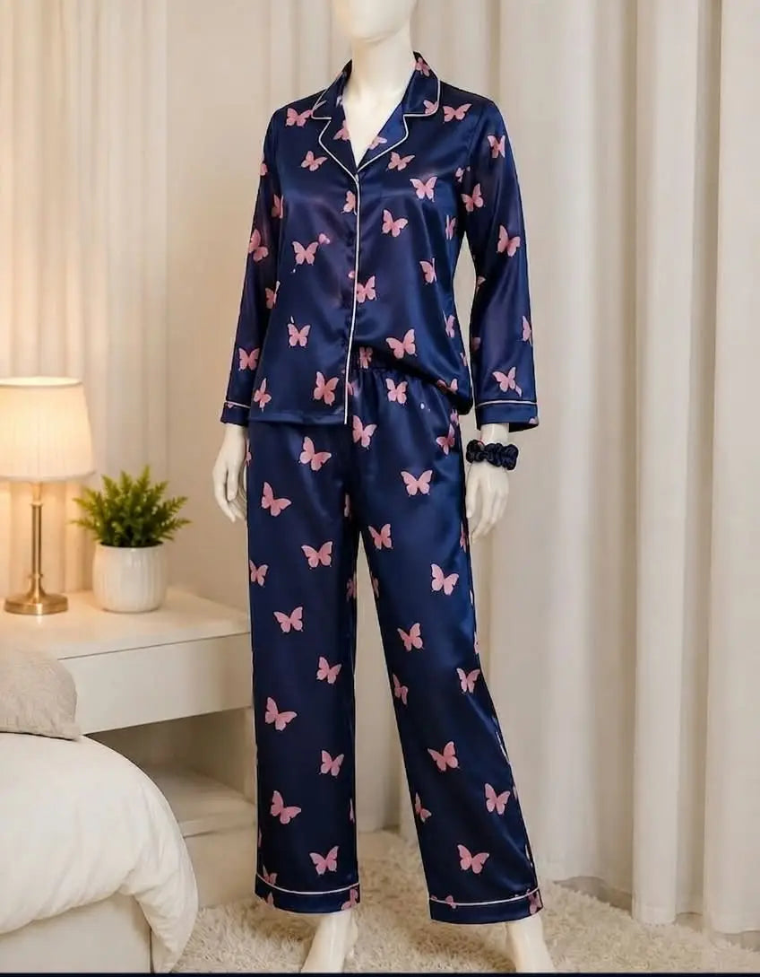 2 Pcs Women's Stitched Silk Printed Night Suit