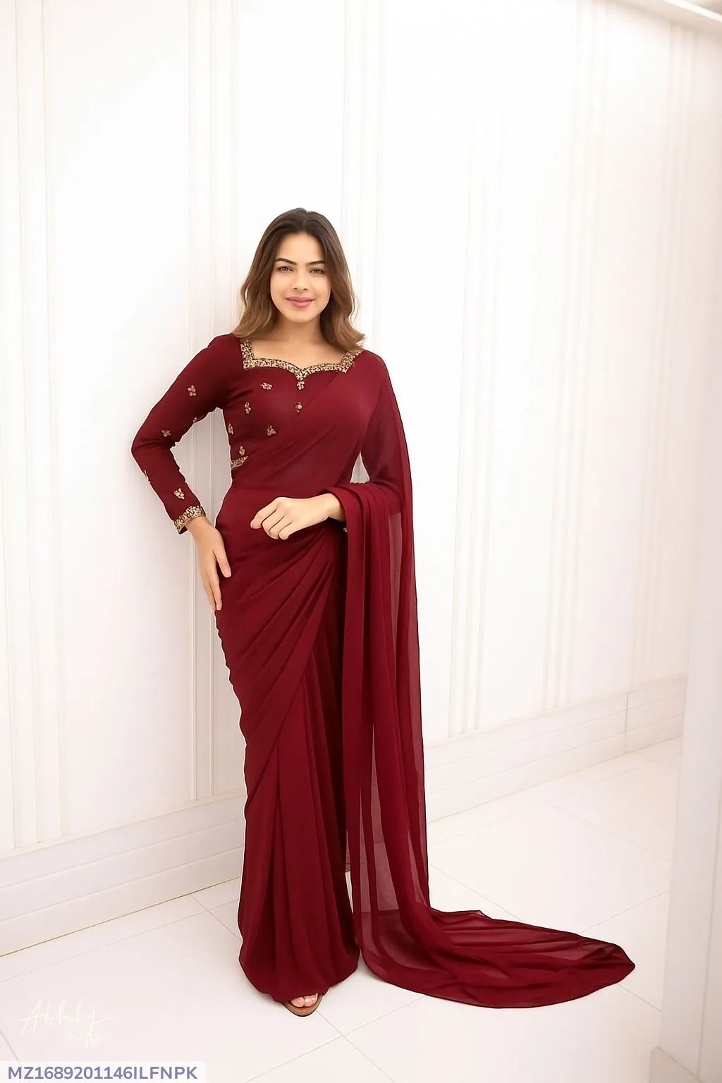 Maroon Embroidered Chiffon Saree Set for Women