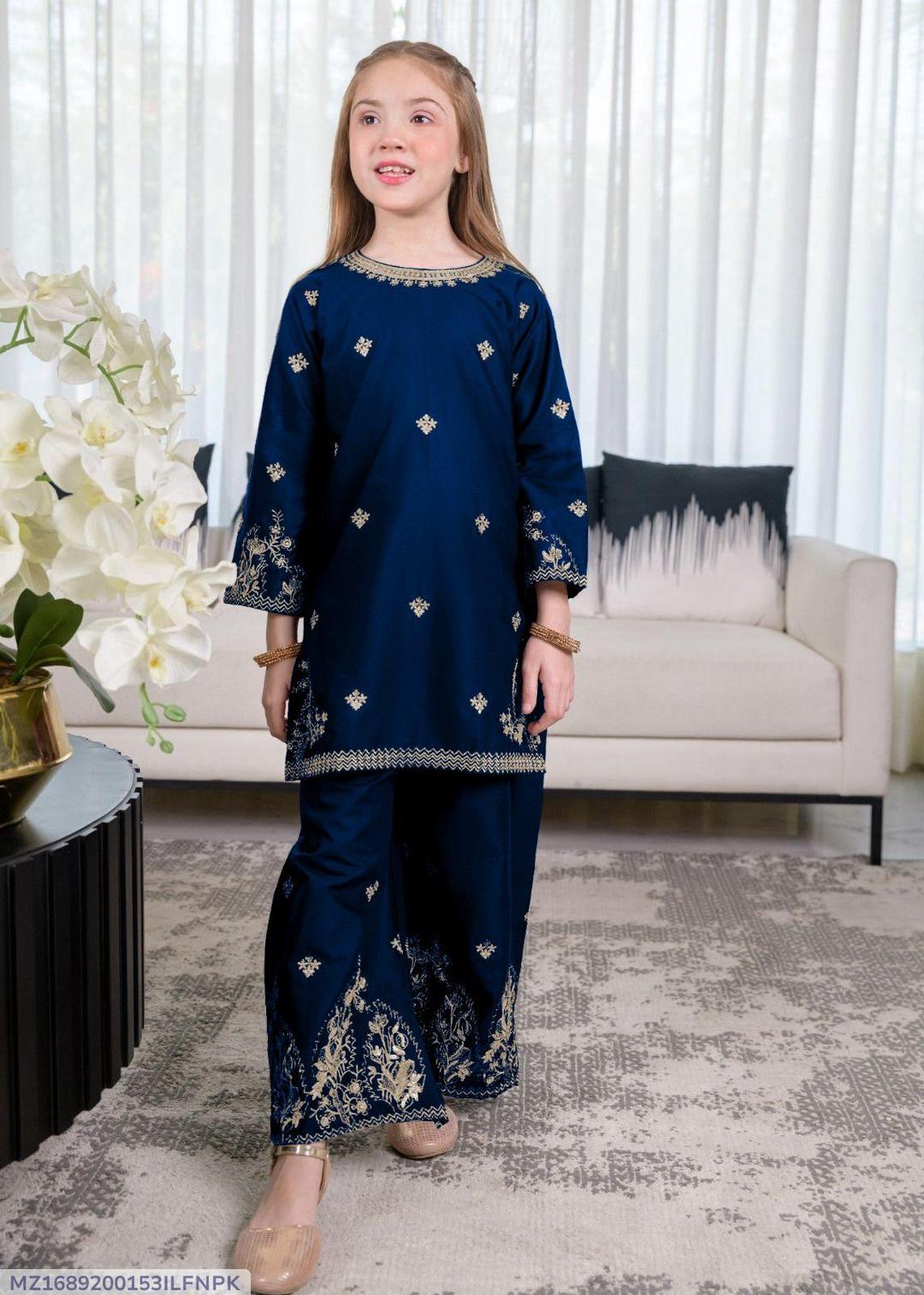 Cotton Embroidered Kurta Trouser Set for Girls 7-12 Years Blue