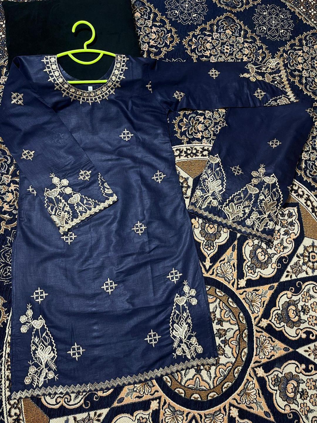 Cotton Embroidered Kurta Trouser Set for Girls 7-12 Years Blue