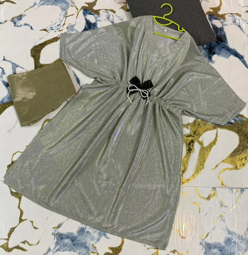 Girls Green Frock Trouser Set with Bow for Eid Independence Day