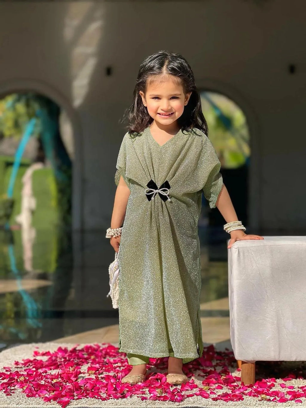 Girls Green Frock Trouser Set with Bow for Eid Independence Day