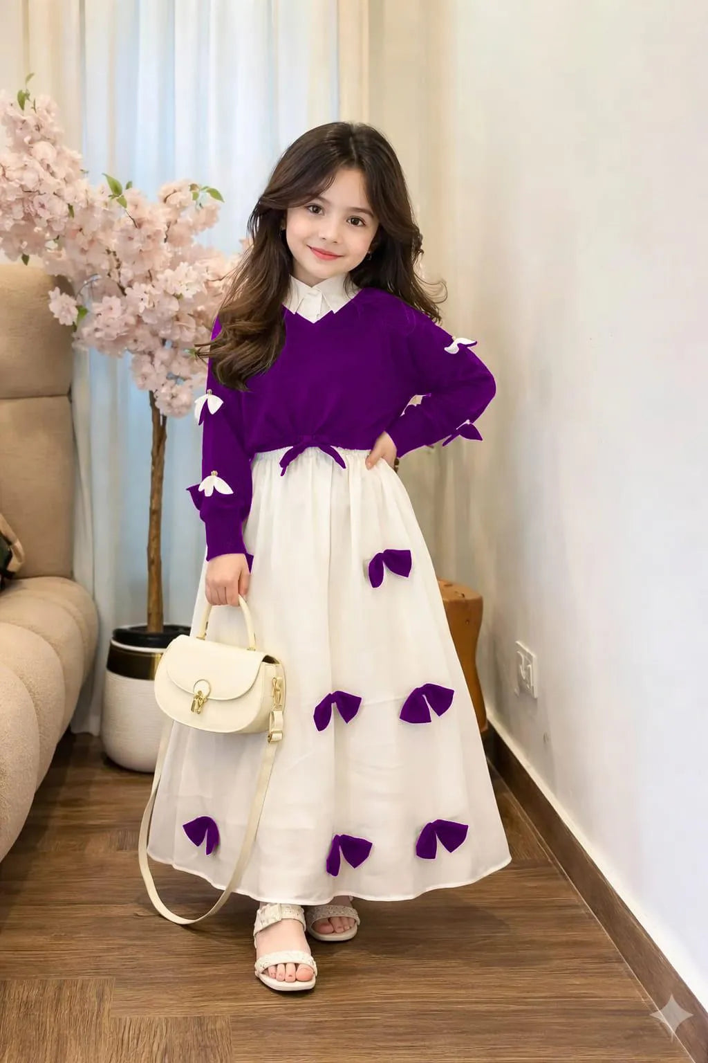 Girls Georgette Bow Top Maxi Set Purple White