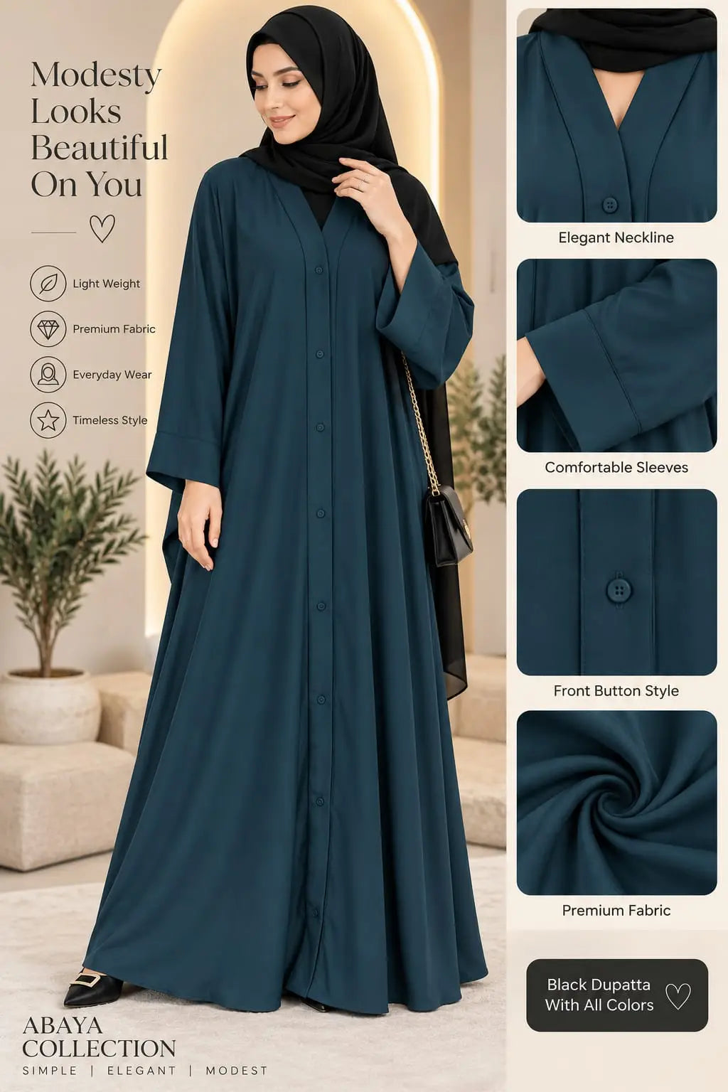 Nida Plain Classic Abaya - Design 2