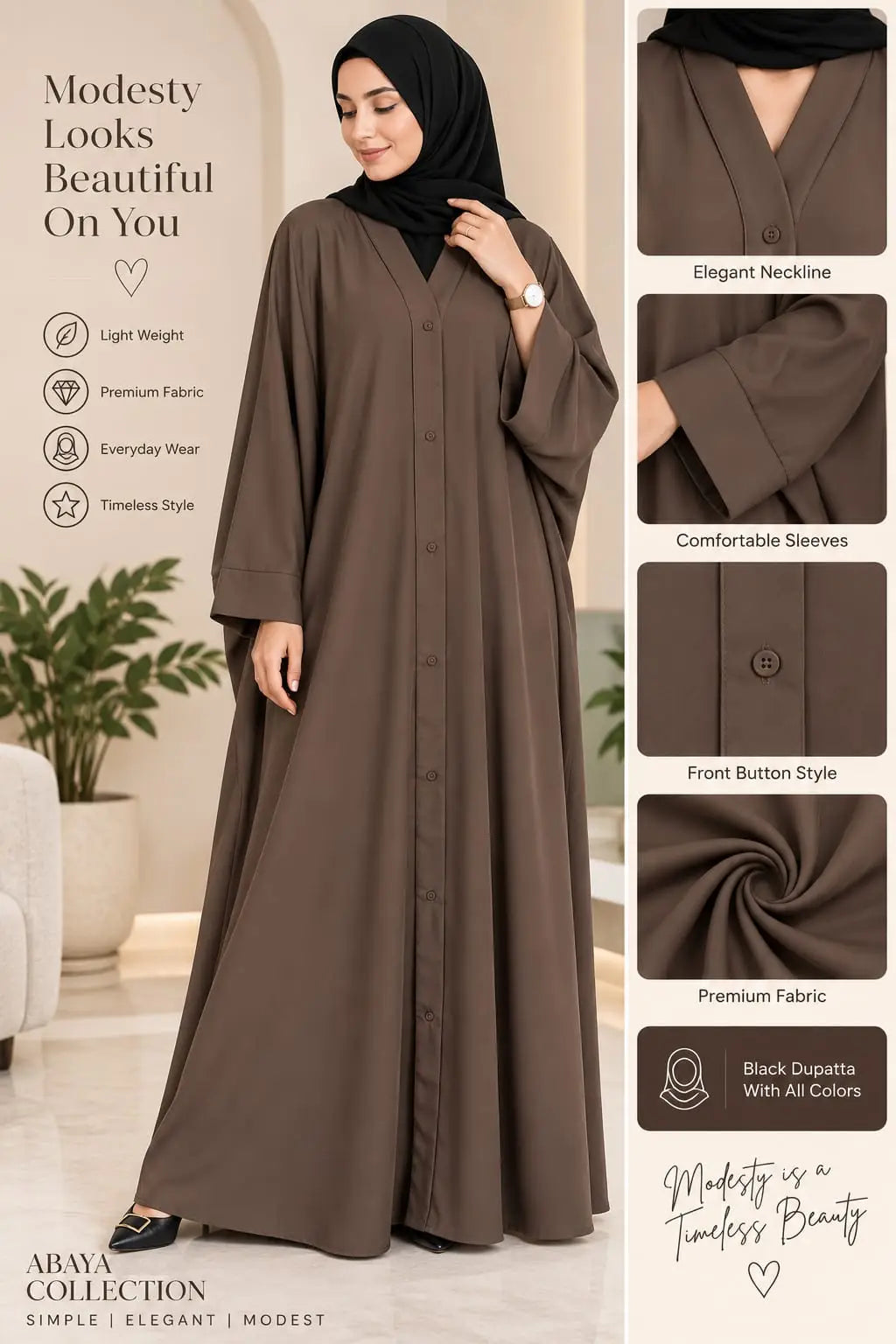 Nida Plain Classic Abaya - Design 2