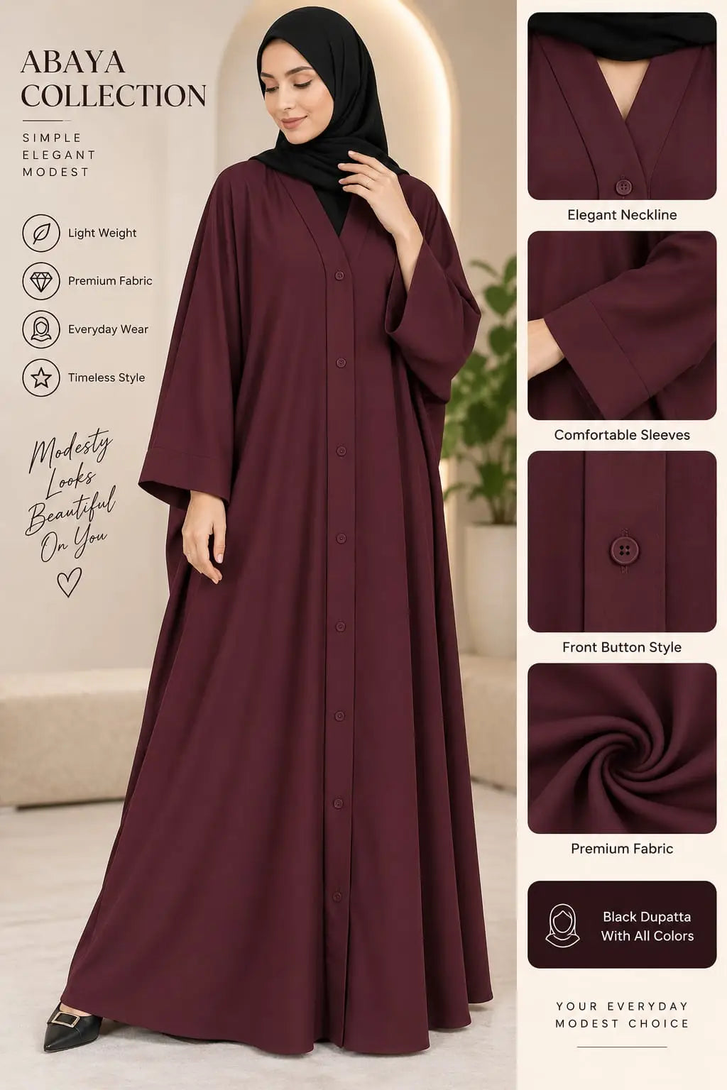 Nida Plain Classic Abaya - Design 2
