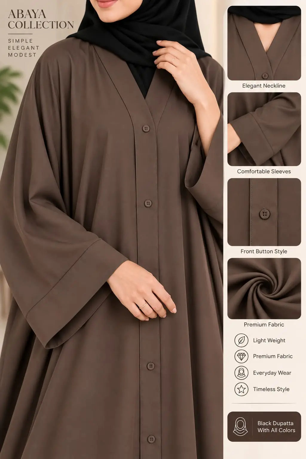 Nida Plain Classic Abaya - Design 2