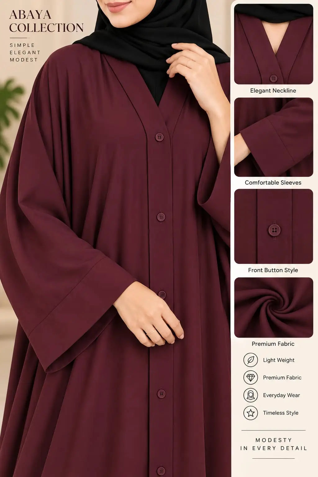 Nida Plain Classic Abaya - Design 2